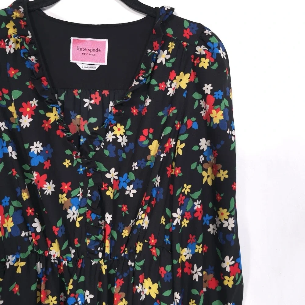 Kate Spade Sailing Floral Dress Size 2 Black Multi Ruffle‎ Elastic Waistband